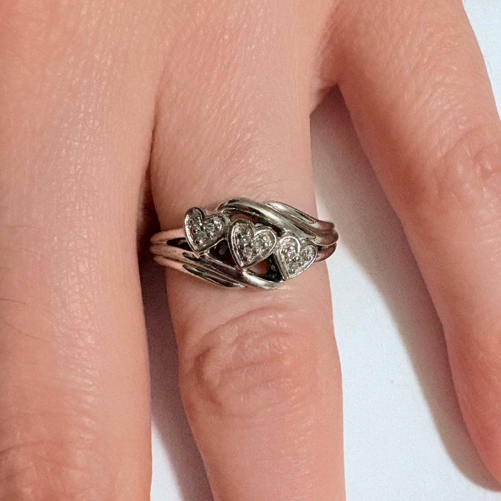 Vintage Three Heart Diamond Ring 925 Silver